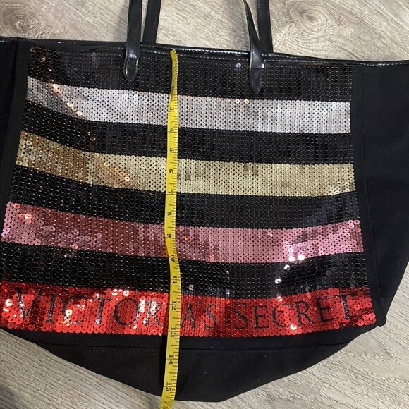VICTORIA'S SECRET BLACK SEQUIN STRIPE WEEKENDER BAG GETAWAY CARRY ON LARGE TOTE - Picture 6 of 6